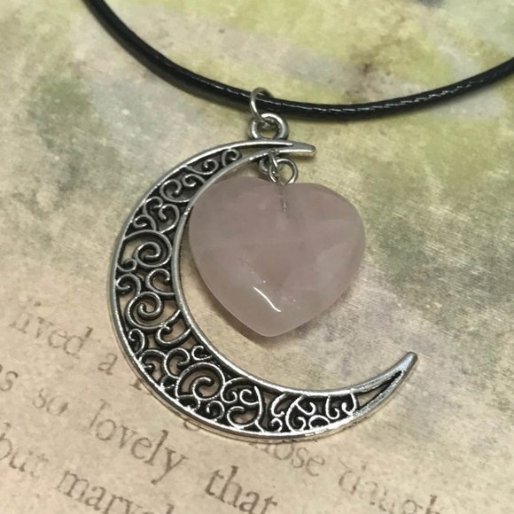 Crescent Moon Rose Quartz Heart Stone Pendant Blac - Picture 3 of 8